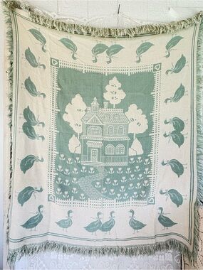 Vintage- Geese & Cottage Throw Blanket in Sage Green 46x56
